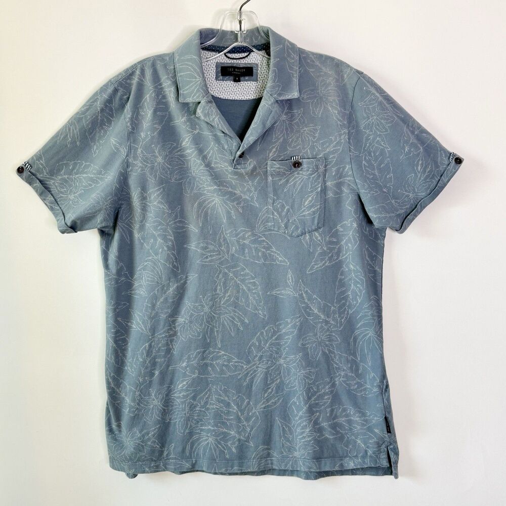 Ted Baker London Knit SS Polo Men's Size 4 (M/L) Pale Blue Tropical Leaf Pattern